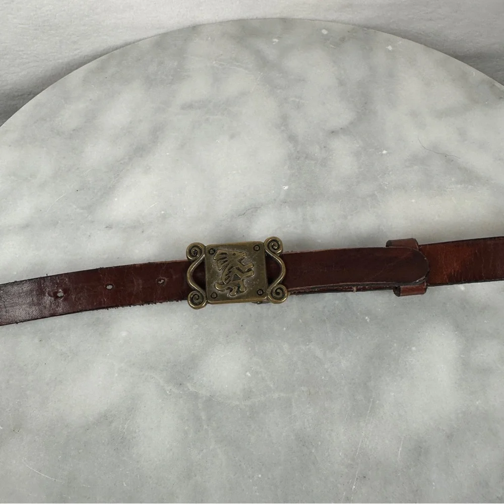 Vintage Chico’s large‎ Brown Leather Belt Brass Buckle thin boho bohemian